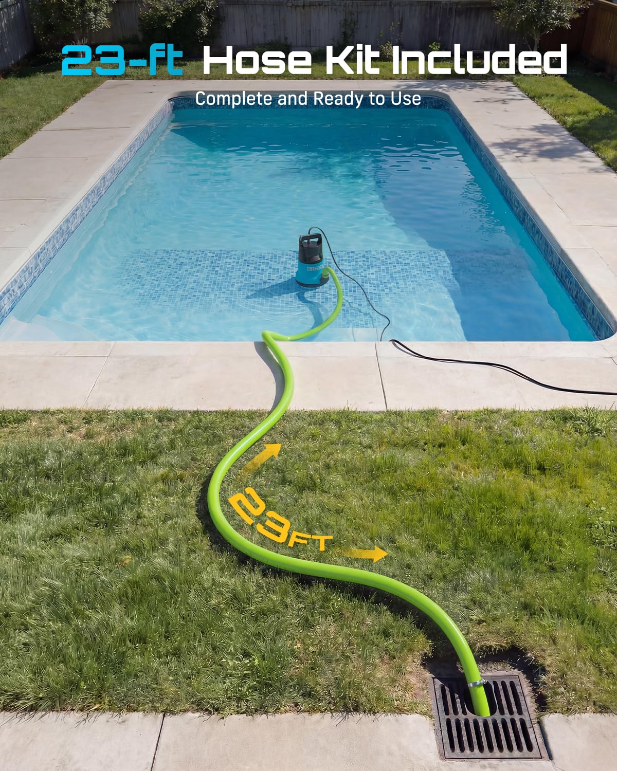 SEESII 1HP Submersible Water Pump, 4755GPH High Flow Sump Pump with 23ft Hose Kit, Anti-Clogging Filter Net for Swimming Pool Hot Tub Pond Basement Rooftop Garden Water Removal