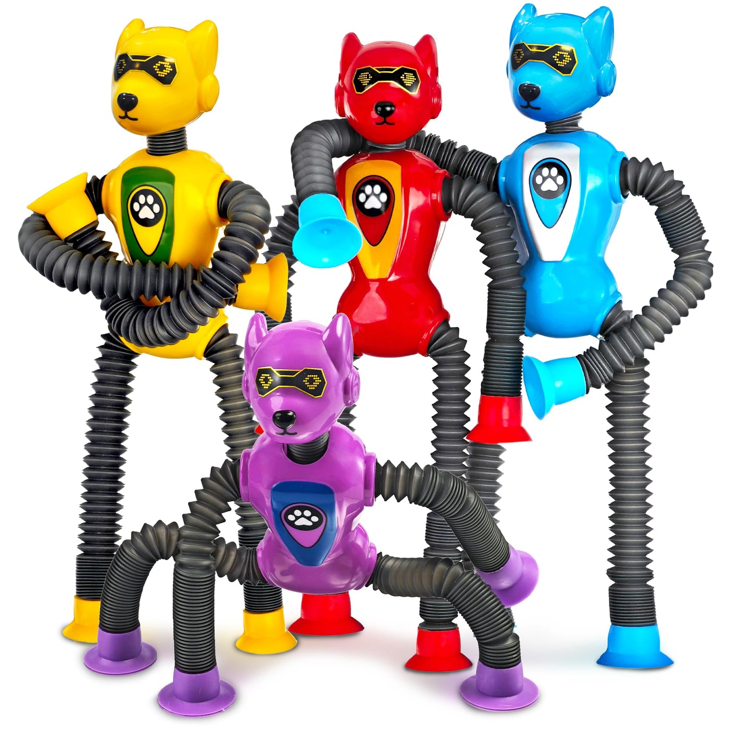 Easter Basket Stuffers for Classroom Boys Robot Dog Sensory Pop Tube for Toddler Kid 4PC Travel Toys Airplane Car Toy Activities Autistic Road Trip Suction Tube for Boy 3 - 8 ADHD Autism Valentine Day