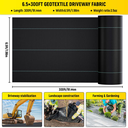 Doniks 6.5x300ft Driveway Fabric,3.5OZ Commercial Heavy Duty Weed Barrier Fabric, Garden Landscape Fabric,French Drain Fabric for Erosion Control,Landscape Fabric,Weed Barrier,Construction Projects