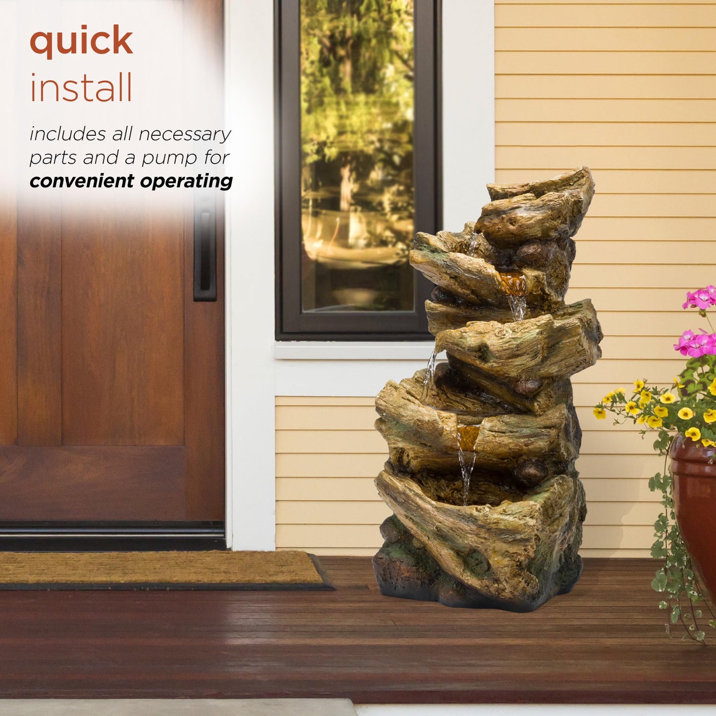 Alpine Corporation TZL226 Outdoor 4 Tier Log Tree Trunk Waterfall Floor Fountain with LED Lights, Tiered Garden Décor, 24" H, Brown