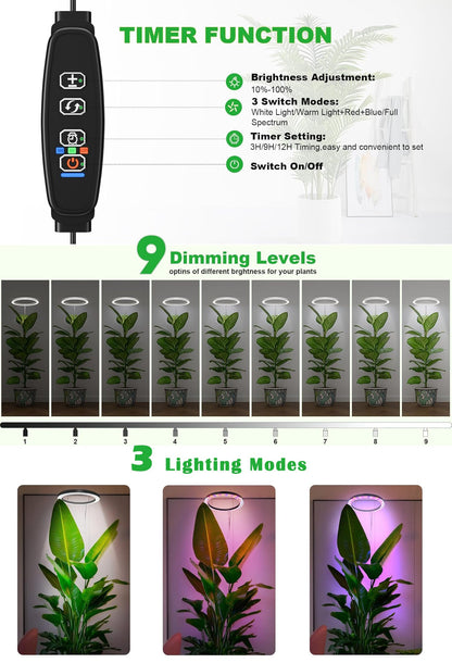 10" Grow Lights for Large Indoor Plants, Full Spectrum Indoor Plant Light for Indoor Growing with Timer,Height Adjustable Auto On/Off 3/9/12H, 9 Brightness,Led Tall Halo Grow Light for House Plants