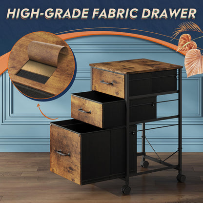DEVAISE Mobile File Cabinet, Rolling Printer Stand with 3 Drawers, Fabric Vertical Filing Cabinet fits A4 or Letter Size for Home Office, Rustic Brown Wood Grain Print