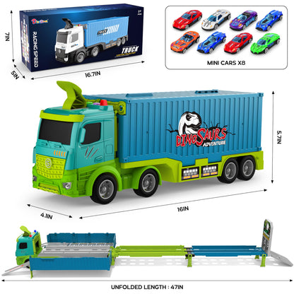 Carrier Truck Race Track Toddler Toys, Foldable 3 Layer Toddler Track Playset, Dinosaur Toy Truck Transport Car Carrier & 8 Race Cars, Truck Car Kids Toy Gifts for Age 3 4 5 6+ Year Old Boys Girls