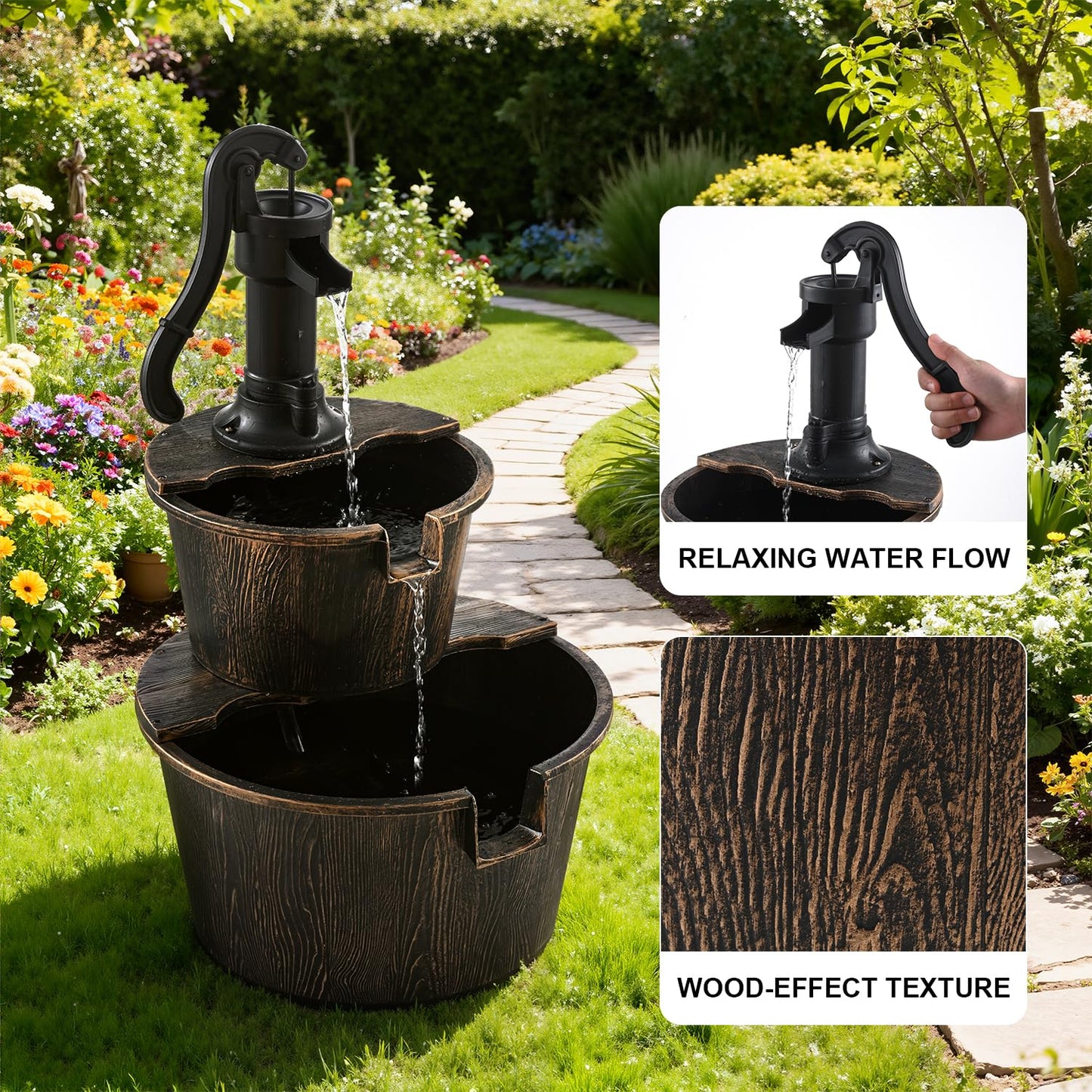 3-Tier Freestanding Rustic Barrel Waterfall Fountain,40-Inch Wood Outdoor Water Fountain with Pump for Garden,Patio, Backyard and Porch