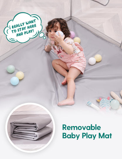 Babelio Foldable Baby Playpen with Mat, 46" × 46" Portable Playard for Babies and Toddlers, Parents' Picks Awards Winner, Indoor & Outdoor Kids Safety Play Pen Area, Travel Fence, Grey