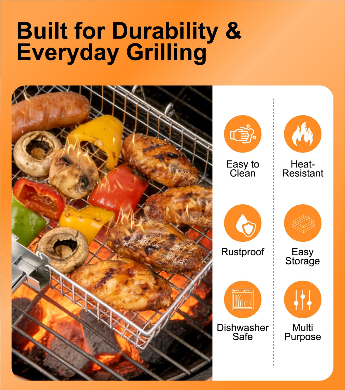 Grill Basket Set for Outdoor Grilling - Large Capacity Fish Grill Basket & Grilling Rack - Food Grade Stainless Steel Portable Flat Basket with Removable Handle for Vegetables, Shrimp & Camping (M+S)