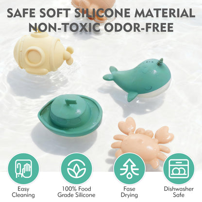 MarcZero Ocean Silicone Bath Toys 8Pcs for Toddlers Kids Babies,Bathtub Water Toys,Soft Squeezable Easy-Grip Pool Toys Set (Green)