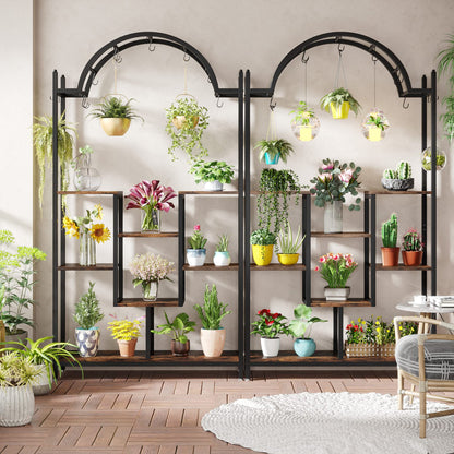 Tribesigns 5-Tier Tall Indoor Plant Stand, 74.8'' Arched Metal Flower Shelf with Hanging Hooks, Large Bonsai Pots Display Rack for Indoor, Balcony, Living Room