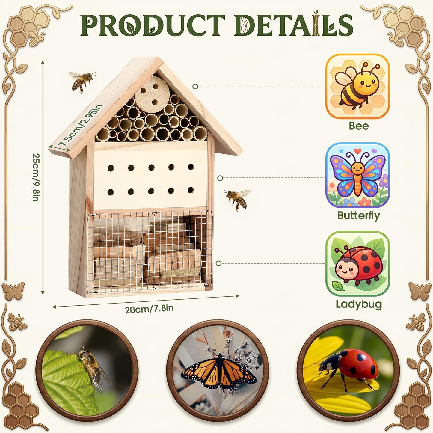 Ferrochef 2 Pcs Wooden Bee House Hanging Insect Hotel for Ladybug, Mason Bee, Bugs Natural Insect Habitat on The Ground or Hanging on The Tree for Garden, 9.8 x 7.8 x 2.95 Inch