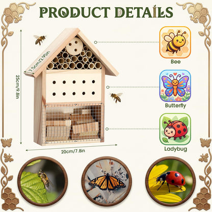 Ferrochef 2 Pcs Wooden Bee House Hanging Insect Hotel for Ladybug, Mason Bee, Bugs Natural Insect Habitat on The Ground or Hanging on The Tree for Garden, 9.8 x 7.8 x 2.95 Inch