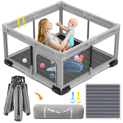 ICAREWAY Foldable Playpen for Babies and Toddlers, 50x50 Inches Portable Playpen, Kids Collapsible Play Pen with 2 Handlers, Indoor & Outdoor Baby Fence Play Area with Visible Mesh, Light Gray