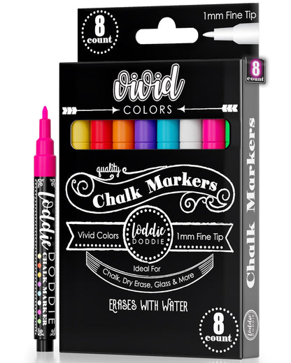 Loddie Doddie Fine Tip Liquid Chalk Markers - Pack of 8, 1mm Tip - Precision Chalk Pens for Chalkboard Calendar - Quick-Wipe Washable Glass Dry Erase Pens - Vibrant Neon Car Window Markers