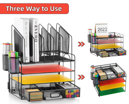 Marbrasse Desk Organizer with Drawer, 4-Tier Mesh File Organizer with 5 Vertical File Holders and 2 Pen Holders, Multifunction Desktop Organizer,Desk Organizers and Accessories for Home Office