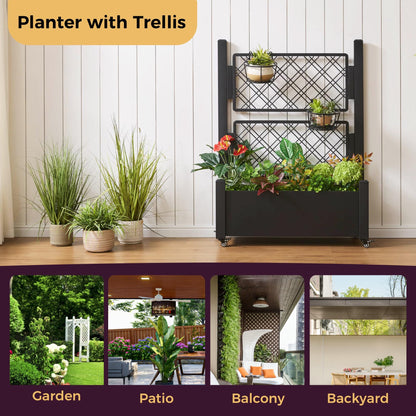 Foresland Metal Raised Garden Bed with Trellis, 50Hx38Wx14D Inch Compact Planter Box for Climbing Plants, Patio Balcony Garden, Privacy Screen with Wheels and Drainage Holes, Black