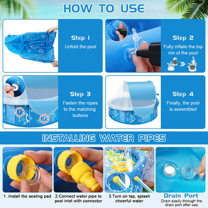 Upgraded Baby Pool with Canopy Sprinkler, 47in Foldable Kiddie Pool with Pop Up Mosquito Net, Baby Beach Tent with Sun Shade Canopy, Portable Toddler Kids Small Pool for Backyard Beach Outdoor
