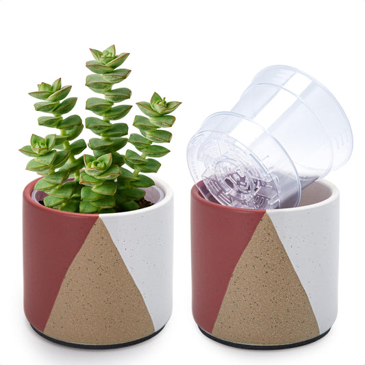 D'vine Dev 4.5" Stoneware Cachepot Planter with 4" Clear Nursery Pot & Detachable Saucer – Indoor Plant Pot with Drainage for Bottom Watering & Root Visibility, Crimson Dune, Set of 2, 93-V-B-4