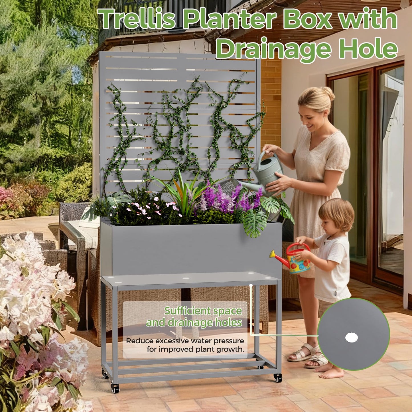 Metal Planter Box with Trellis, 3 in 1 Raised Garden Bed with Trelli & Firewood Rack, Privacy Planter Screen for Climbing Plants, Vine, Outdoor Garden Standing Beds with Drainage Holes, Wheels,Grey