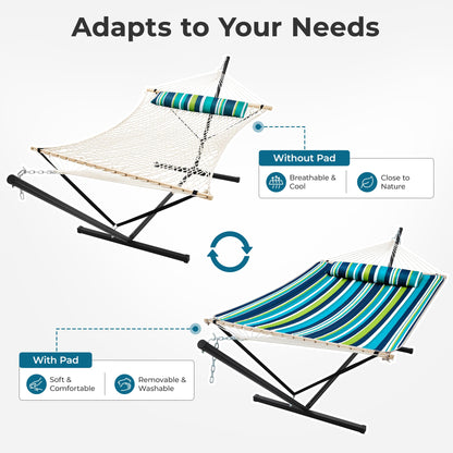 SUPERJARE 12ft Double Hammock with Stand, Rope Hammock for 2 Person, Detachable Hammock Bed and Pillow, Portable, Anti-Tip Safety Ropes, Carry Bag, Outdoor Backyard Patio Camping, Dark Cyan