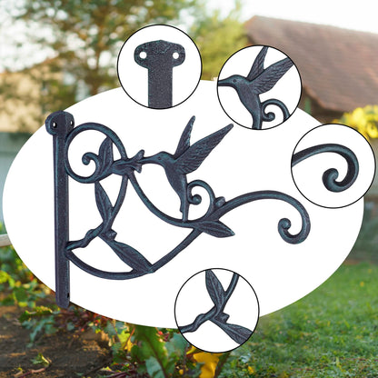 FLORWOD 2pcs Outdoor Hangers for Plants Heavy Duty, Decorative Plant Hooks for Wall 10 Inch, Cast Iron Metal Hummingbird Hooks, Rustic Atrovirens
