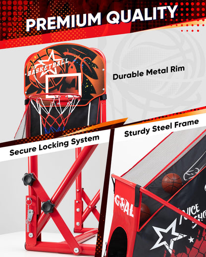 MerryMove Basketball Arcade Game for Kids: Foldable Basketball Hoop Set with Soccer Goal- Portable Indoor Outdoor Sports Play Toy- Gift for Ages 3-12 Boys Girls- Air Pump and 3 Balls Included