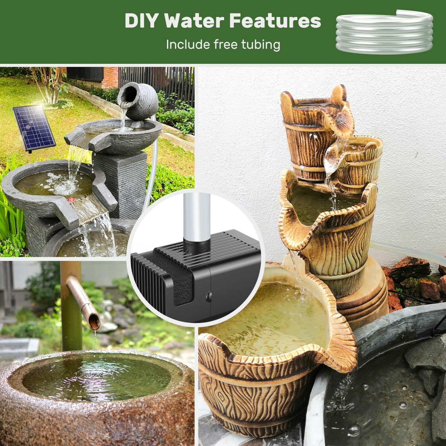 Antfraer 8W Solar Fountain Pump With 3600mAh Battery Backup, Solar Water fountain for Bird Bath with Double-Layer Nozzles & 5Ft PVC Tubing for Bird Bath Small Pond Waterfall DIY Features