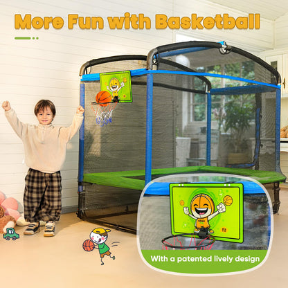 Zupapa 4X6FT Rectangle Trampoline with Basketball Hoop, and Safety Net - Indoor/Outdoor Kids Trampoline for Toddlers Ages 3-6, 220LBS Capacity, Heavy-Duty Galvanized Steel Frame