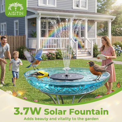 AISITIN 3.7W Solar Bird Bath Fountain Upgraded 6.3" Solar Glass Panel, Solar Powered Fountain Pump with Integrated Bracket & Storage for Bird Bath, Pond, Garden, Aquarium and Outdoor
