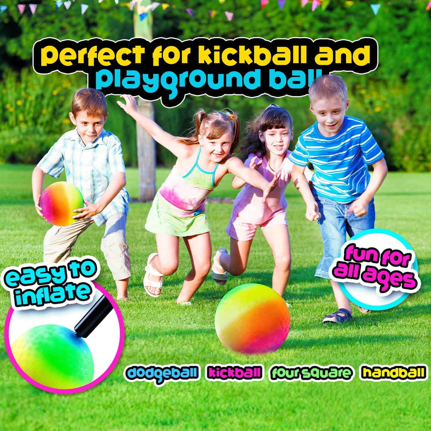 PlayBolt Rainbow Playground Balls - 8.5 Inch (Pack of 4) Rubber Bouncy Colorful Inflatable Balls for Kids and Adults, Indoor & Outdoor Games, Kickball, Dodgeball, Four Square, Dodge, Recess, Handball