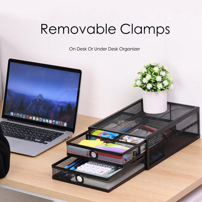 Euyona 2-Tier Clamp-On Mesh Organizer, Under Desk Storage with Slide-Out Tray, No Drilling Tool-Free Installation, Durable Rust-Resistant Metal, Large-Capacity Organizer.