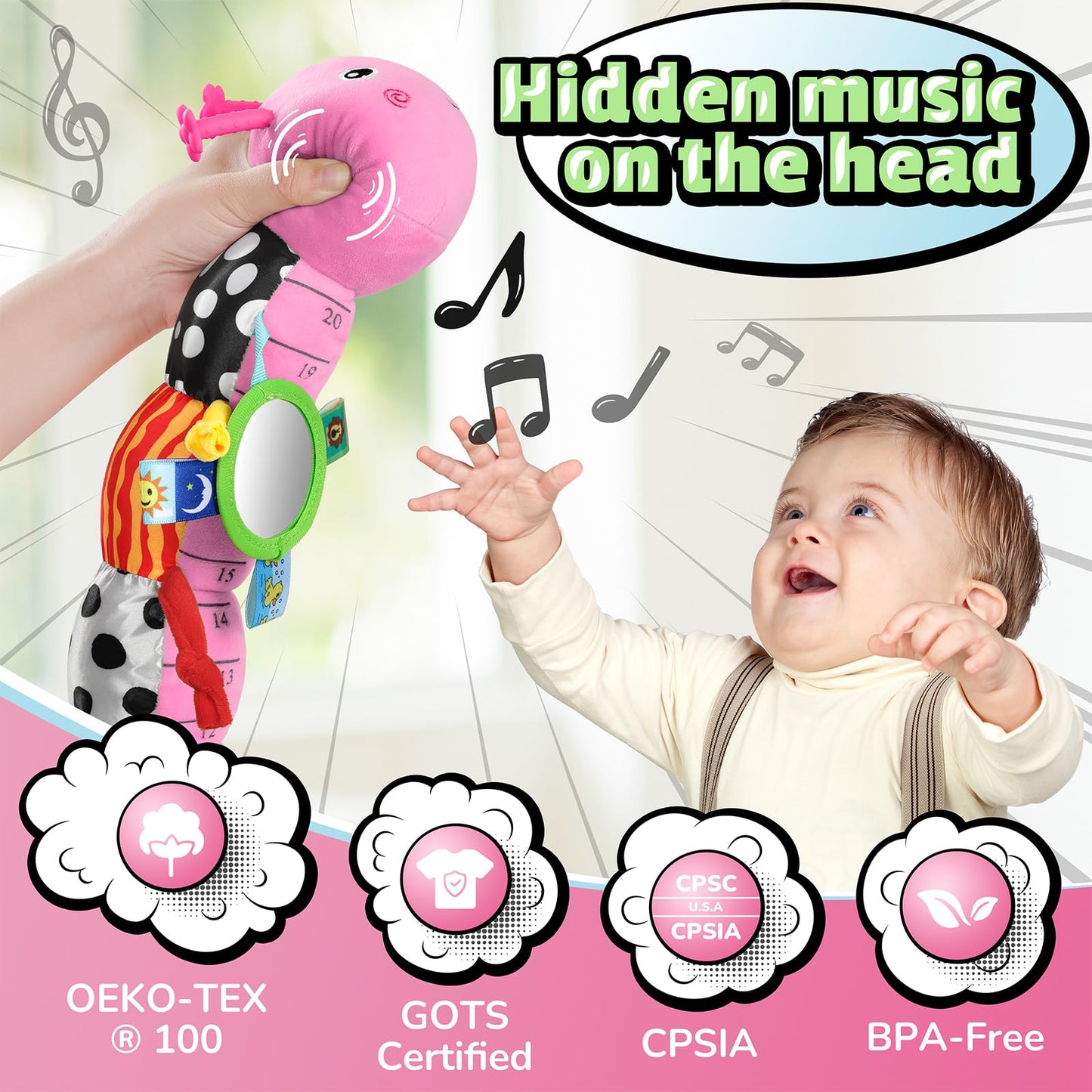 LIGHTDESIRE Baby Toys Musical Caterpillar,Infant Toys 3 6 12 Months Sensory Toy with Ruler Design,Mirror,Pull String,Crinkle&Ring Bell,Baby Teething Toy for Tummy Time Boy Girl Gifts (Rose Pink)