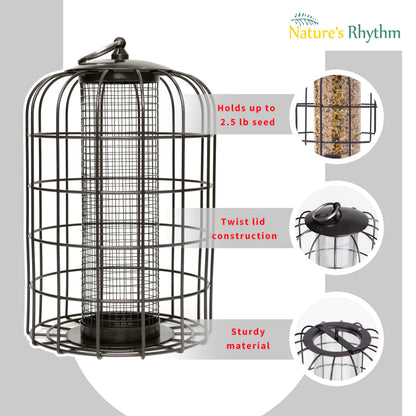 Nature's Rhythm Outdoor Hanging Bird Feeder Cage Mesh Tube Squirrel Proof Wild Bird Feeder with Large Metal Seed Guard Deterrent Green