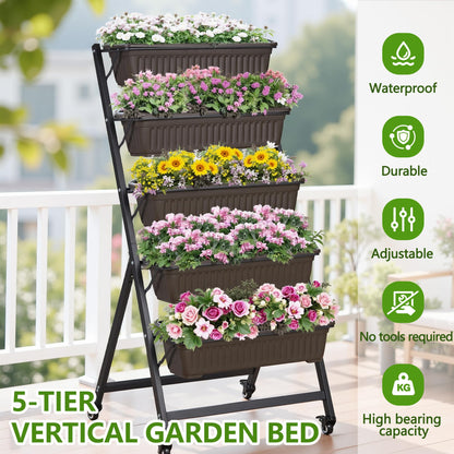 VECELO 5-Tier Vertical Garden Bed, Freestanding Elevated Raised Garden Planter with 5 Garden Planter Boxes, Lockable Caster Wheels, Drainage System, for Plants, Vegetables, Flowers, Herbs