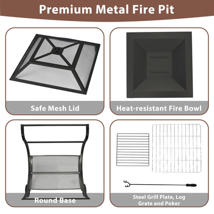 Outdoor Fire Pit with Wheels and Log Rack, Portable Fireplace Wood Burning for Garden, Patio, and Backyard - Includes Mesh Screen and Fire Poker, Fire Pits & Outdoor Fireplaces