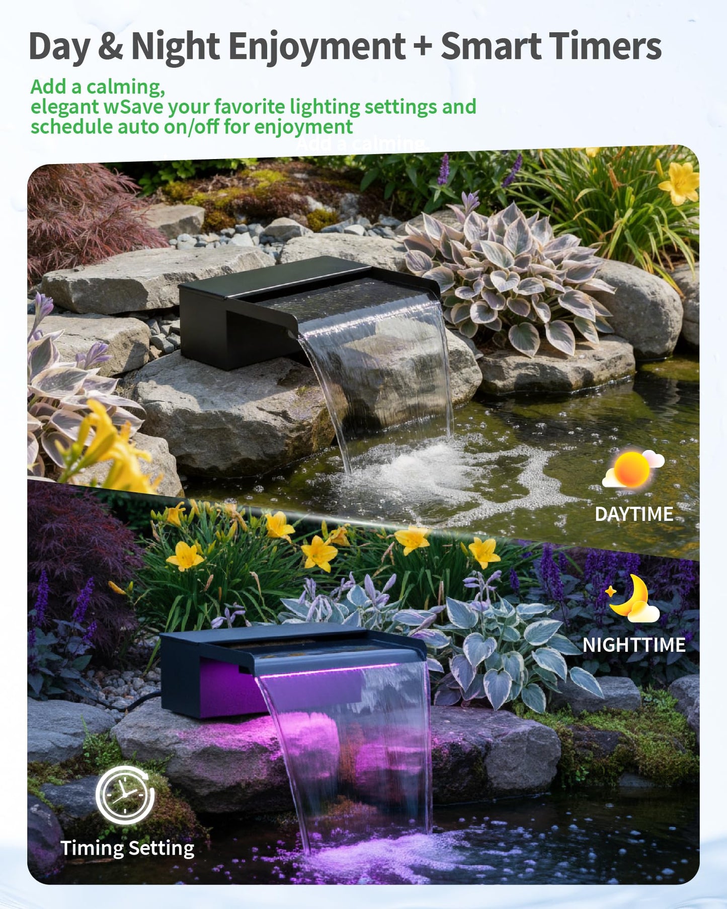POPOSOAP 12inch Pond Waterfall Spillway with RGB LED Lights & 660GPH Pump Kit - APP/Remote Control, 304 Stainless Steel Pond Spillway with 9.8FT Tubing for Garden Ponds Landscape Water Features-P43DY