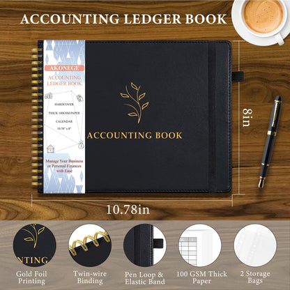 AKONEGE Accounting Ledger Book for Personal & Small Business Bookkeeping, Horizontal Income and Expense Tracker Notebook with Calendar, Hardcover Columnar Log Journal 10.78'' x 8'', Black