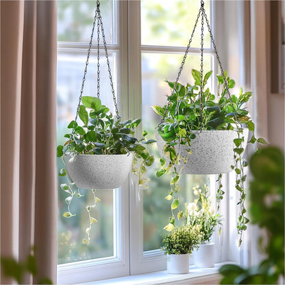 T4U Plastic Hanging Baskets 2-Pack - 12 Inch Large Hanging Flower Planter with Drainage Hole for Indoor Outdoor Plants, Round Plant Pot for Home Garden Porch Balcony Patio Decor (White)