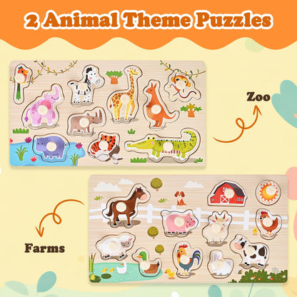 WoodTrove Wooden Peg Puzzles for Toddlers 1-3, 2 Pcs Montessori Puzzles, Zoo & Farm Animal Puzzles, Great Preschool Educational Learning Gifts for Girls and Boys