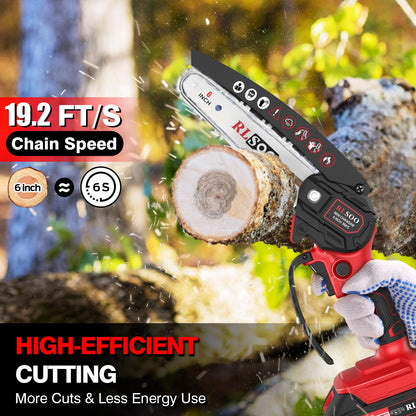 Mini Chainsaw Cordless, 6 Inch Handheld Chain Saw Battery Powered with 2 Rechargeable Batteries and 3 Chains, Portable Small Electric Tree Trimmer for Wood Cutting, Pruning, Courtyard and Household
