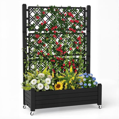 EasyUp Rolling Garden Planter Box with Trellis & Lockable Casters, Outdoor Raised Bed with Drainage & Water Gauge, Durable Resin for Patio, Balcony, Yard, Dust-Proof (Black, 43.43 * 18.27 * 64.29)