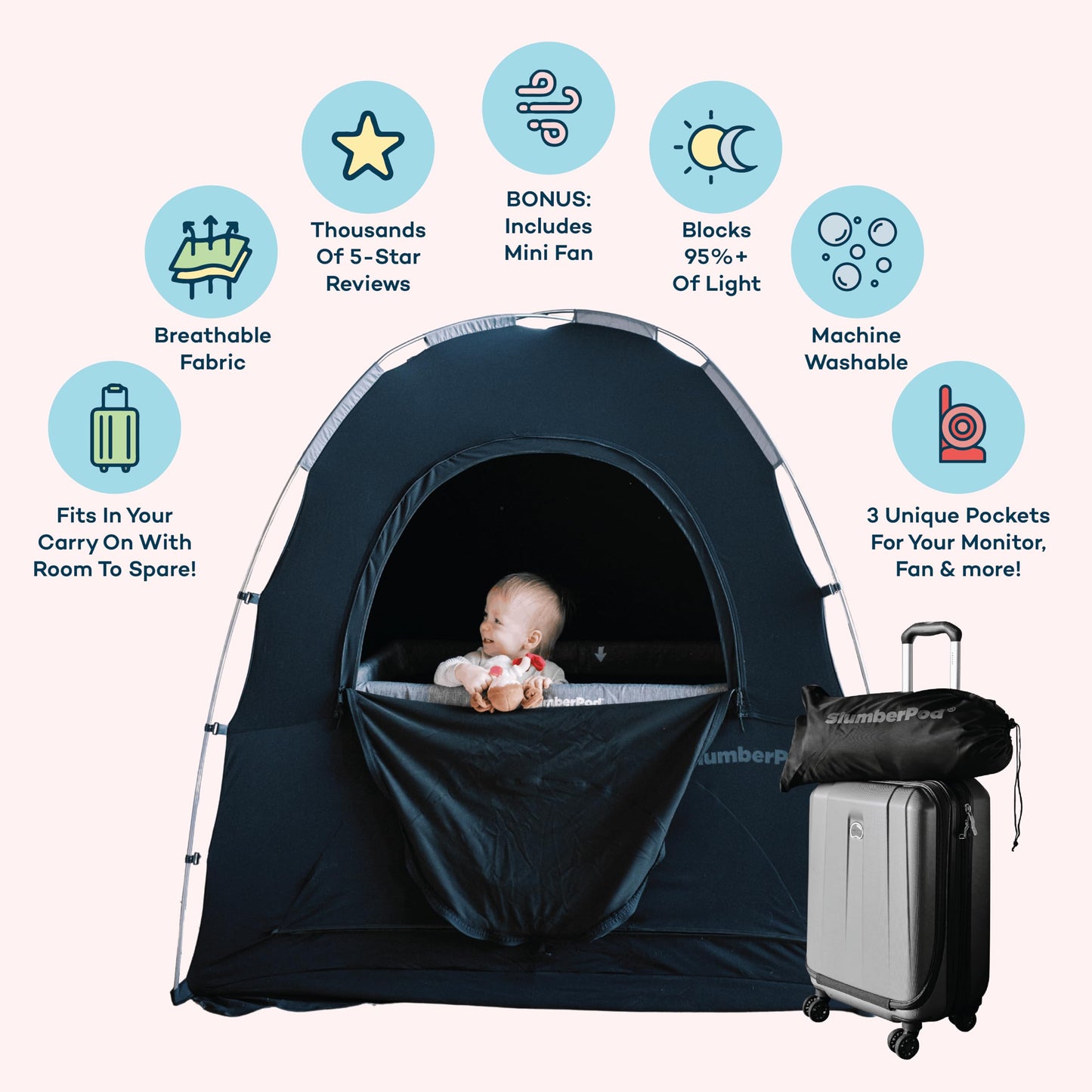 SlumberPod with Fan The Original Blackout Sleep Tent Travel Essential for Baby and Toddlers, Mini Crib and Pack n Play Cover, Sleep Pod with Monitor Pouch and Fan Pouch, Blocks 95%+ Light, Black