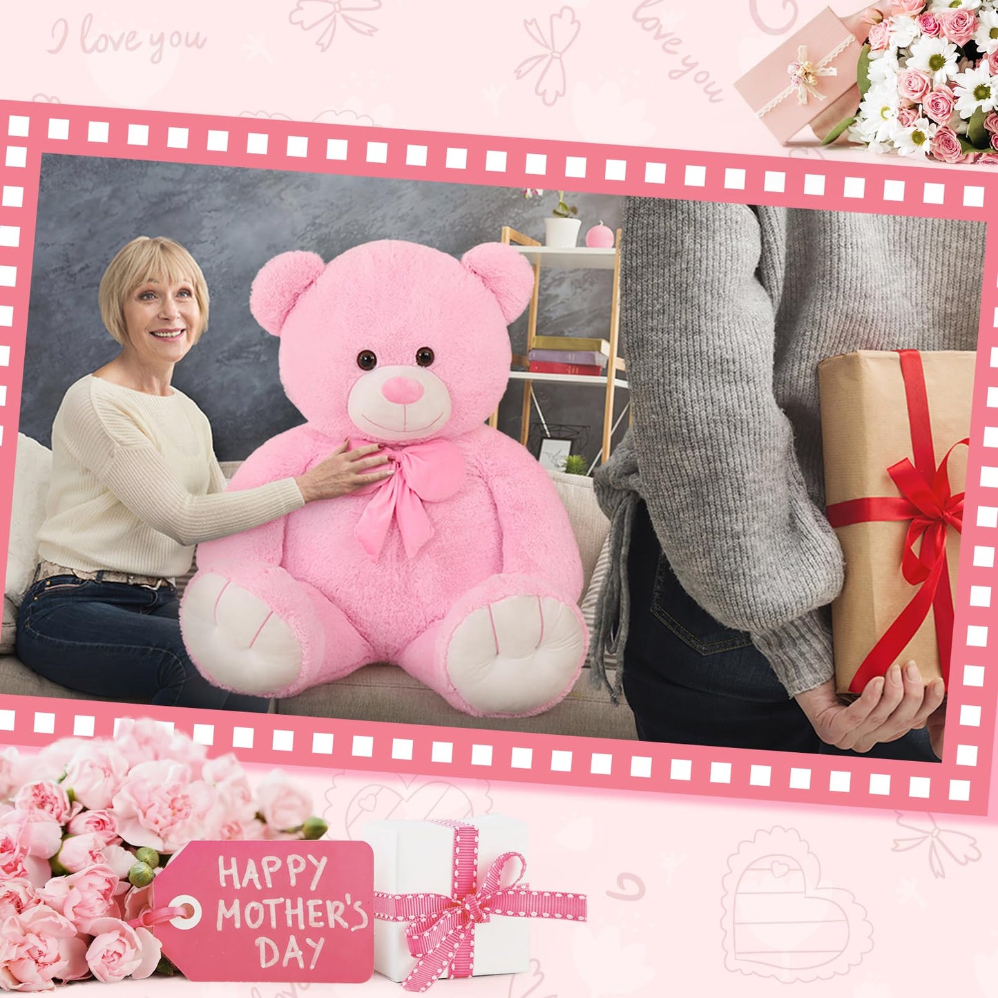 MaoGoLan Giant 59" Teddy Bear Stuffed Animal, Cuddly Large Classic Teddy Bear Plush Toy Valentines Day Gift for Girlfriend Boyfriend Kid, 5ft Pink Stuffed Animal for Birthday Gift Baby Shower Decor