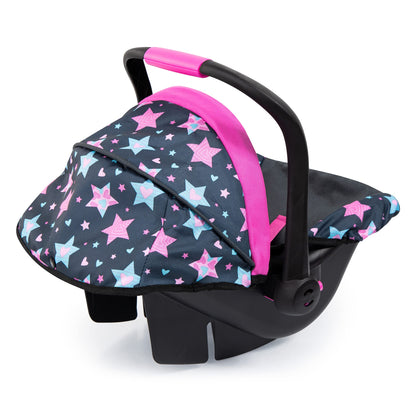 Bayer Doll Car Seat for 18 Inch Dolls, Toy Car Seat with Sun Canopy, Turquoise Pink Stars, Ages 3+