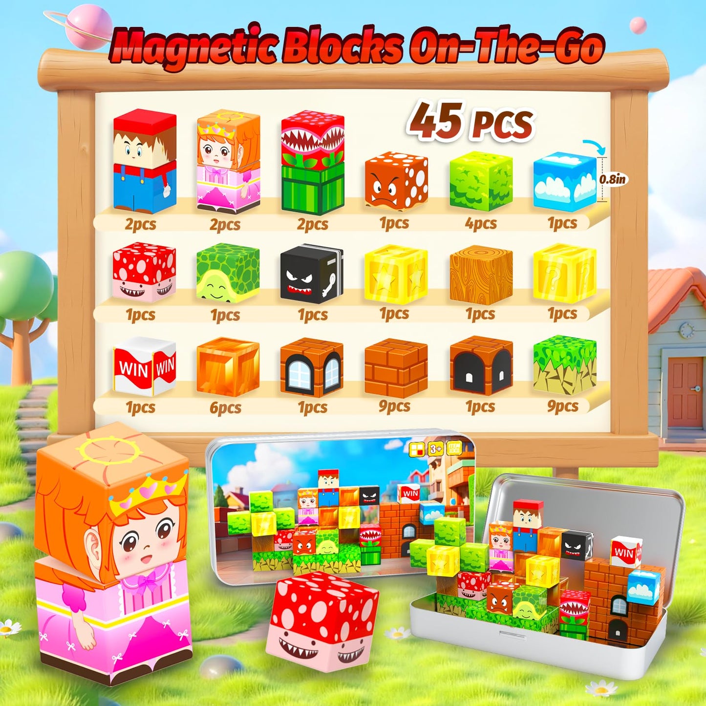 Mini Magnetic Blocks for Kids, 45PCS Travel Magnetic Building Blocks with Iron Box, Stacking Magnets Toys for Toddlers, Montessori Educational Construction Toys, Birthday Gifts for Boys Girls.