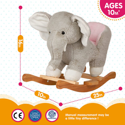 Elephant Baby Rocking Horse Wooden Rockers with Base Seat Safety Belt and 1 Pcs Elephant Plush Stuffed Animals Toy for Toddlers 1-3