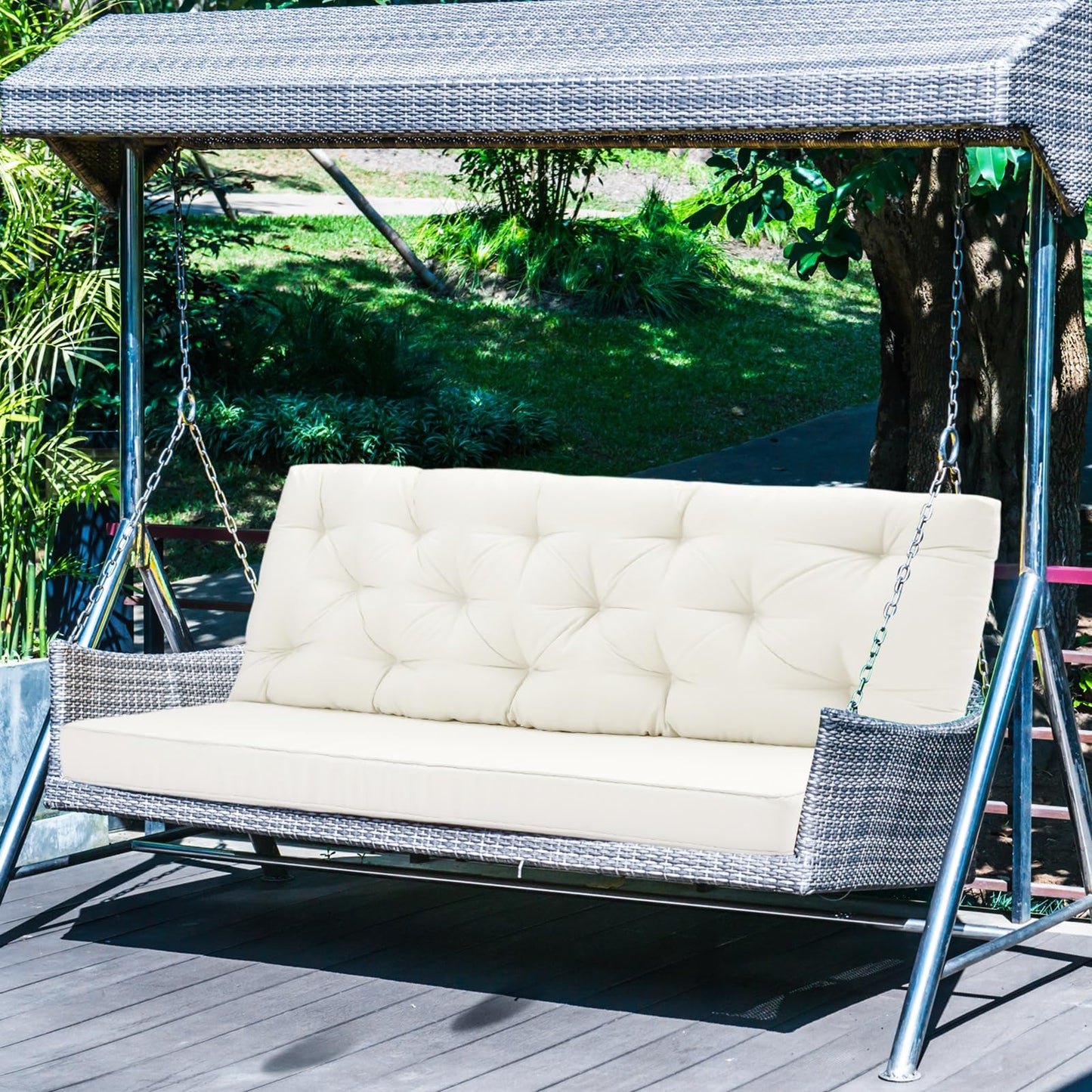 Wenqik 2-3 Seater Porch Swing Cushions with Backrest 60 x 40 x 4 Inch Thick Outdoor Waterproof Bench Pad Patio Swing Replacement Cushion, Split Design, Soft for Garden, Lawn, Backyard(Natural White)