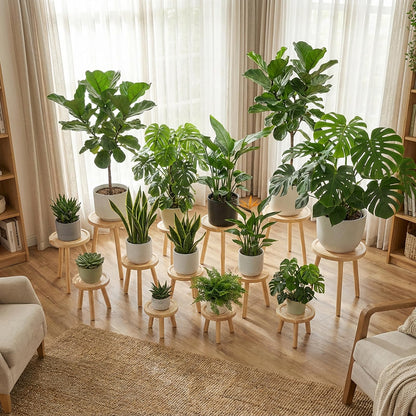 Amdermi 3-Pack Wood Plant Stands Indoor, Single Plant Stand for 6-12 Inch Pots, Mid-Century Modern Plant Stool, Tall Plant Stand for Large Plants for Living Room, Balcony, Office (Light Brown)