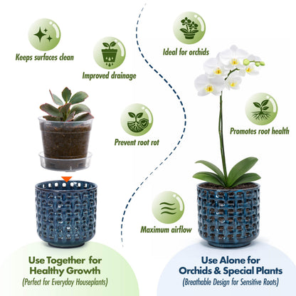 D'vine Dev 4.5 Inch Ceramic Orchid Planter with Lattice Cutout Design, Glazed Cachepot with Clear Nursery Pot & Detachable Saucer for Orchids and Indoor Plants, Midnight Blue, 28-A-Z-2