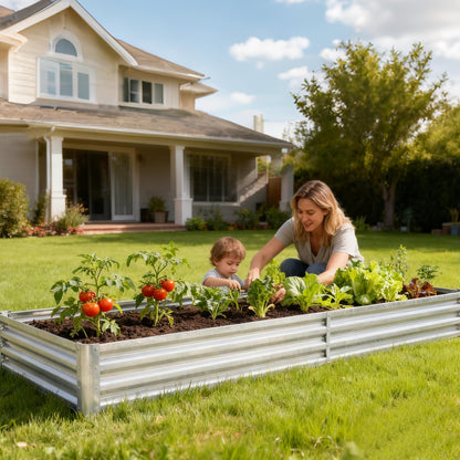 DUMOS 8x4x1ft Galvanized Raised Garden Bed with Cover, Planter Box Outdoor for Deep-Rooted Herbs/Flowers/Vegetables, Open Base Metal Garden Bed Mini Greenhouse for Patio/Balcony/Backyard, Silver