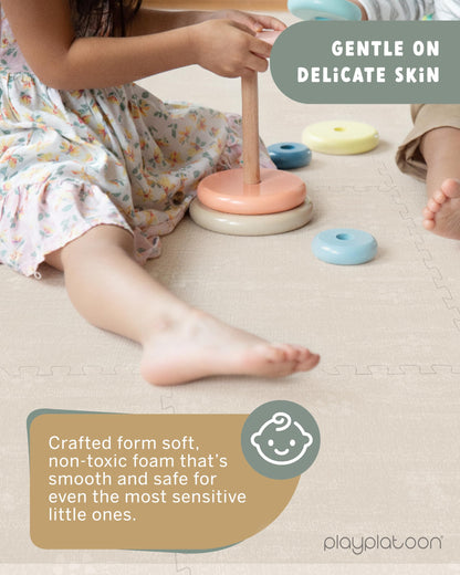 Play Platoon Non-Toxic Large Baby Play Mat for Floor 16 Tile 96 x 96 inch - Extra-Thick Interlocking Foam Floor Tiles 24 x 24 in Puzzle Mat Pieces with Border, Playmat Rug for Kids - Brushed Cotton