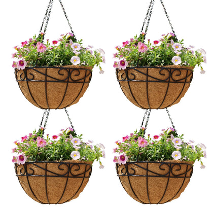 Qusuxi 4 Pack 12 Inch Hanging Baskets for Plants Outdoor Metal Hanging Planter Hanging Flower Baskets with Coco Fiber Liners Chain Round Wire Plant Holder Flower Pots(Plaid)